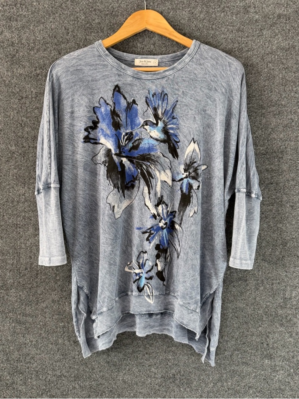 Jess & Jane Womens Mineral Washed Tunic Top Size Large Blue 3/4 Sleeve Artsy - Picture 1 of 8
